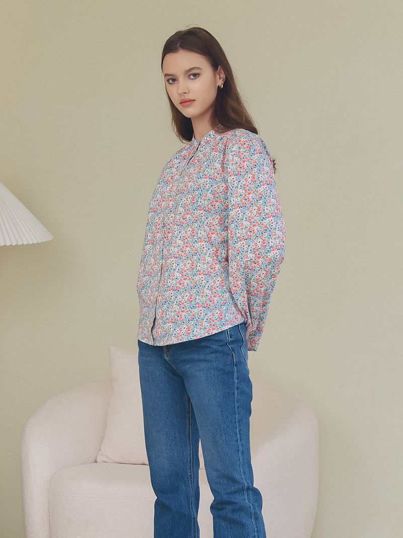 HENRY NECK SHIRRING BLOUSE_FLOWER