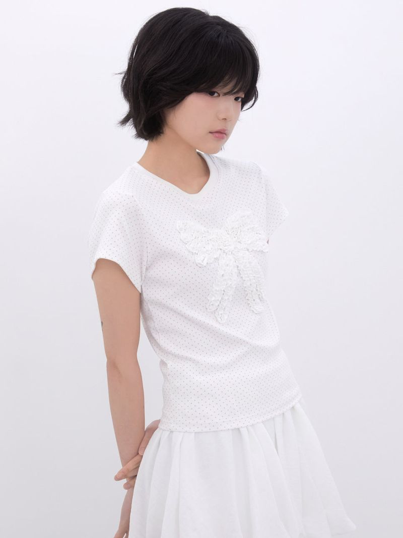 Dot Frill Ribbon T-Shirt (IVORY)