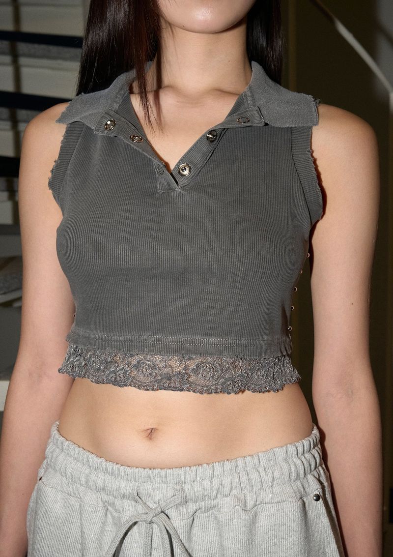 (2nd reorder) stud lace pk top - charcoal