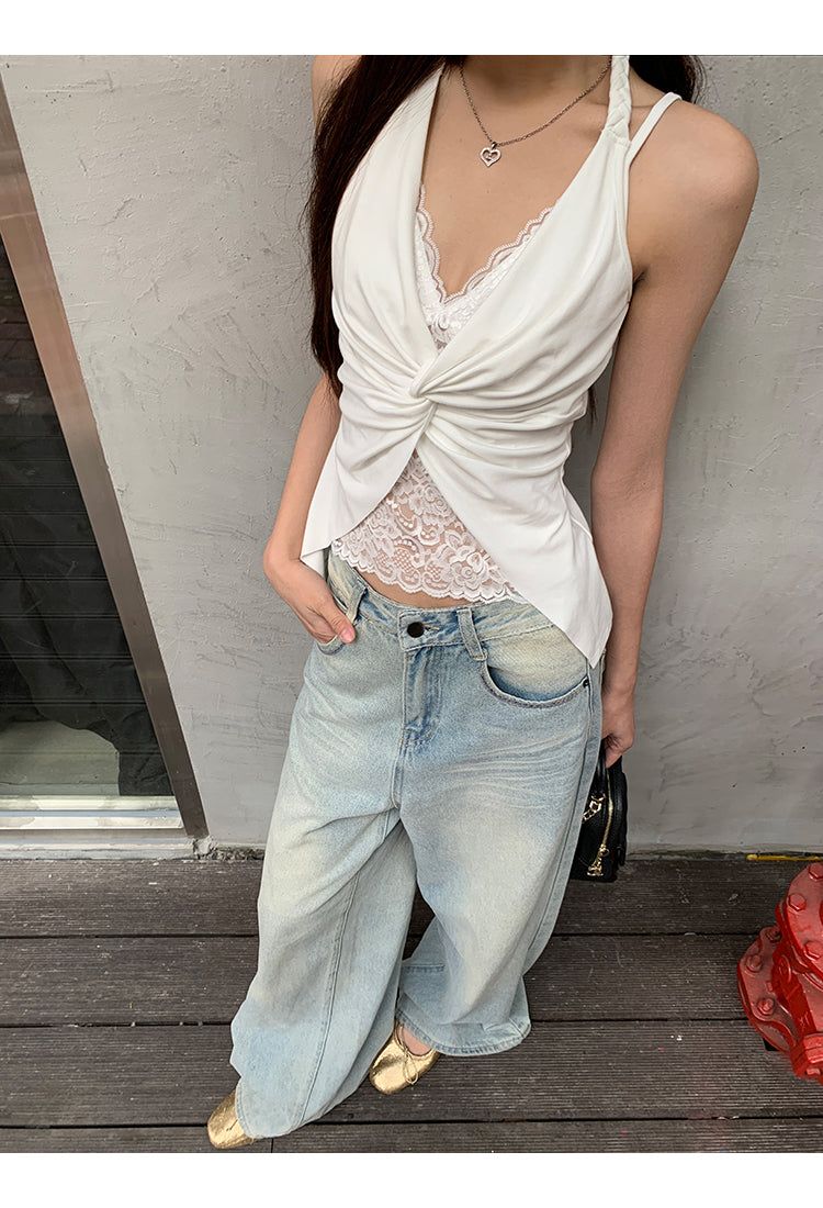 Twisted halter lace V-neck sleeveless top