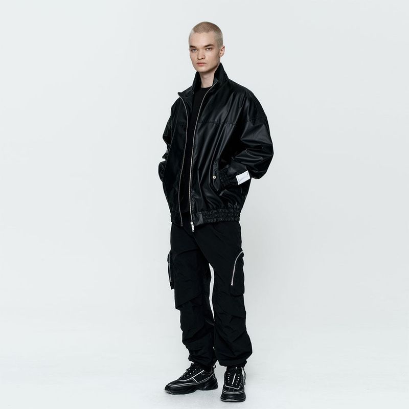 Oversize High-neck Coated Wind Jumper Black