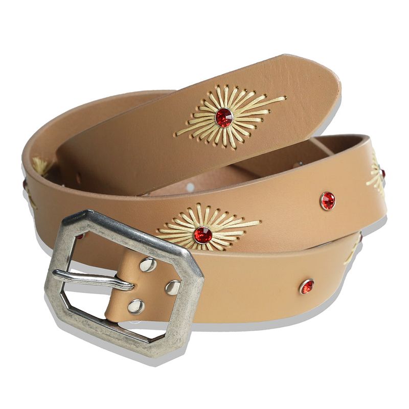 crystal stud & wax thread leather belt beige