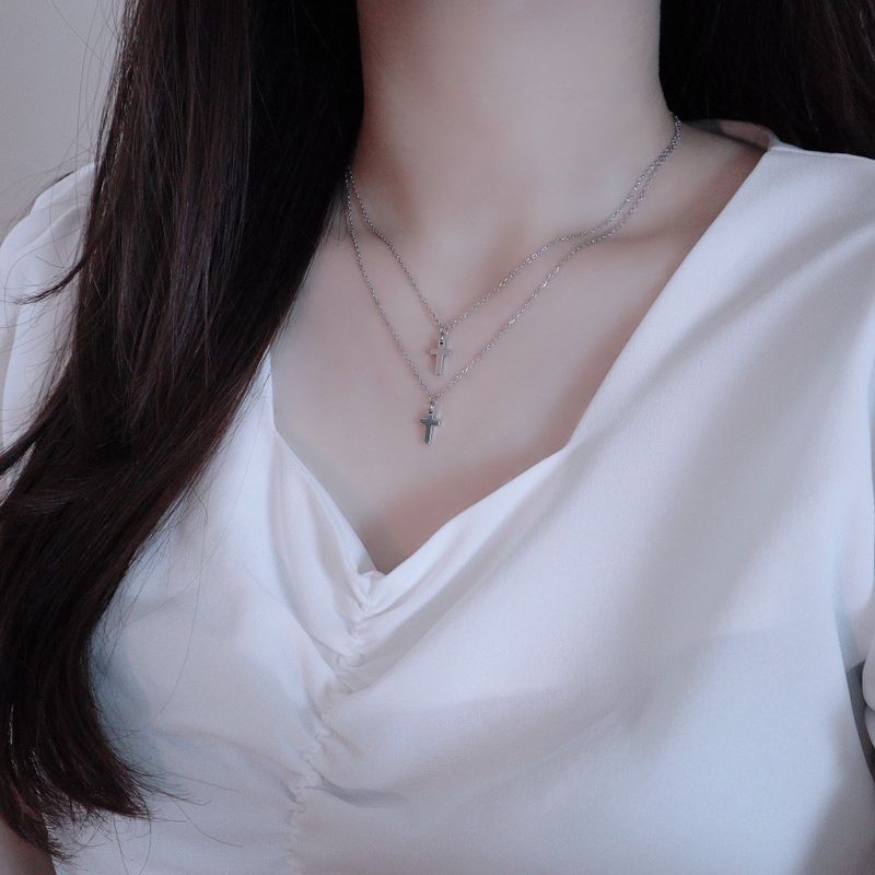 Double mini cross layered necklace