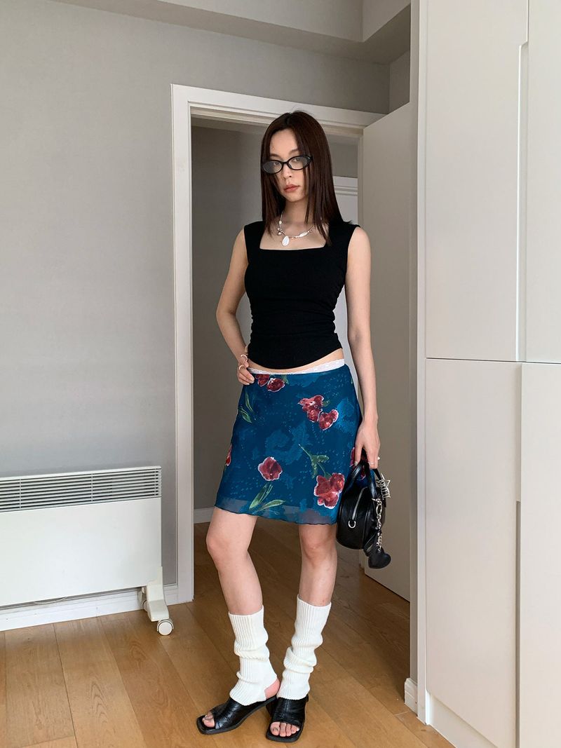 Red flower blue chiffon chiffon skirt