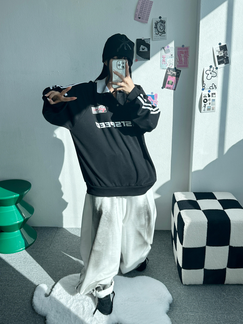 RAGLAN THREE-STRIPE COLLAR SWEATSHIRT🖤🩶🤍 - 3 COLORS