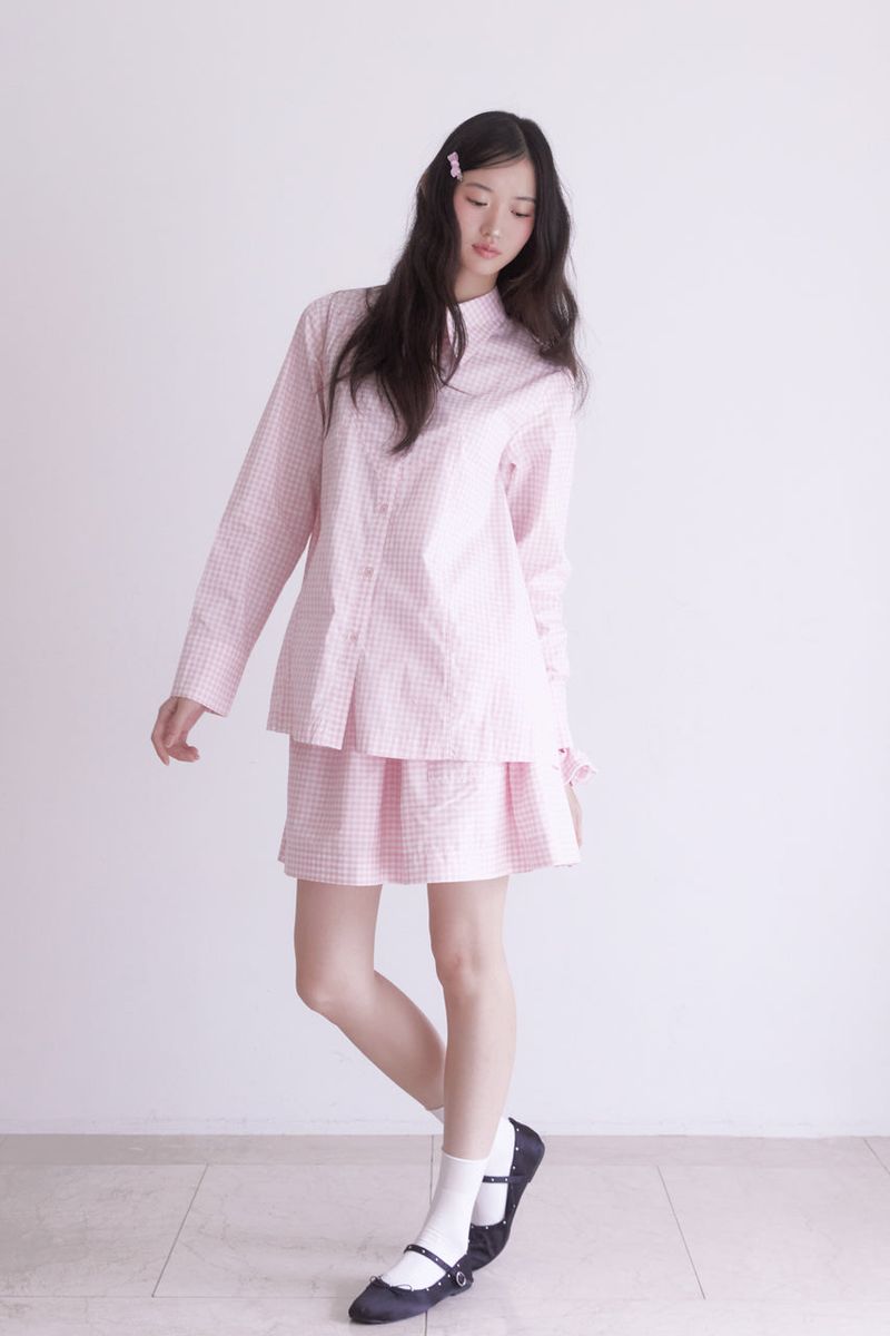 Gingham check pocket shirring mini skirt (PINK)