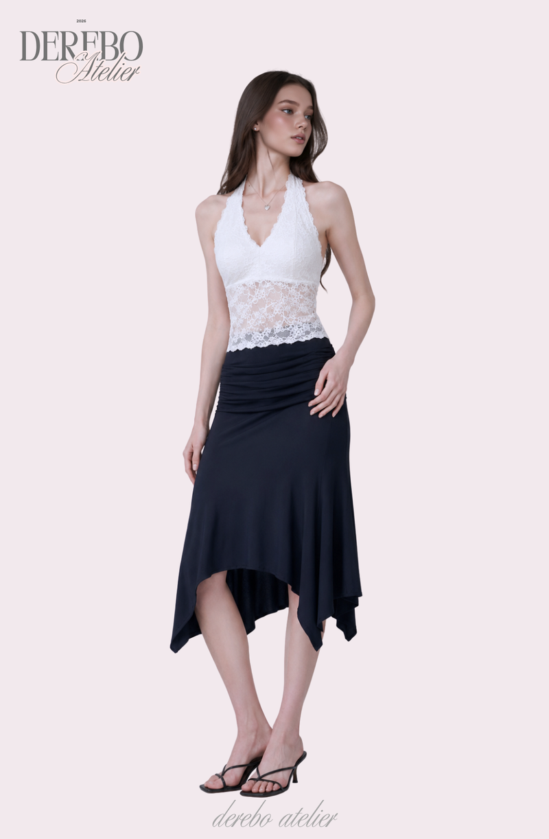 mood fit unbalanced midi long skirt