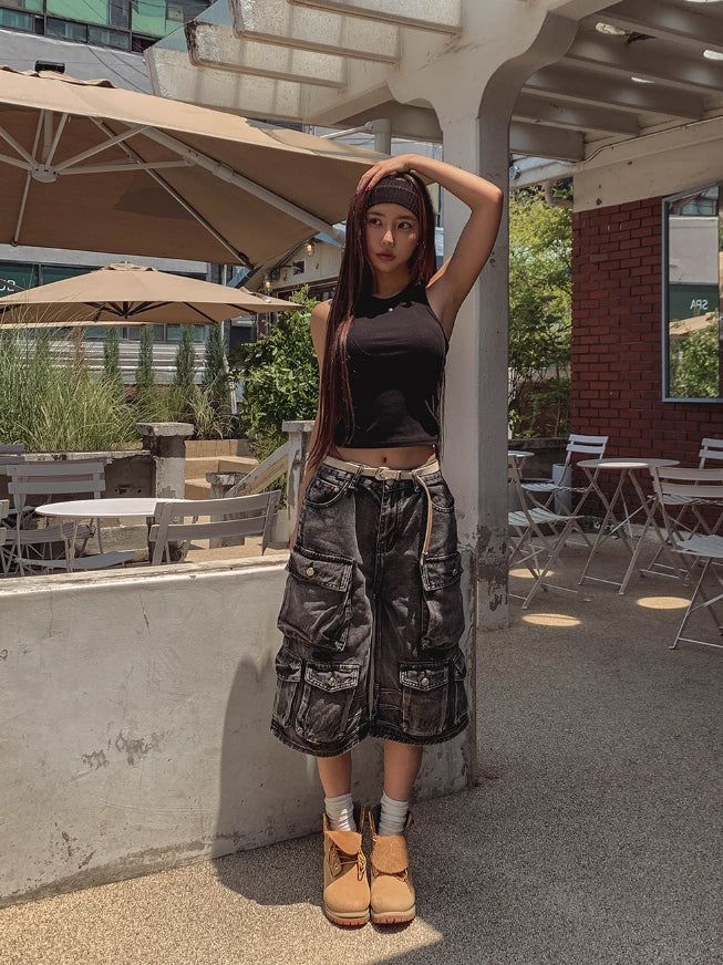 Super Pocket Cargo Half Denim Pants