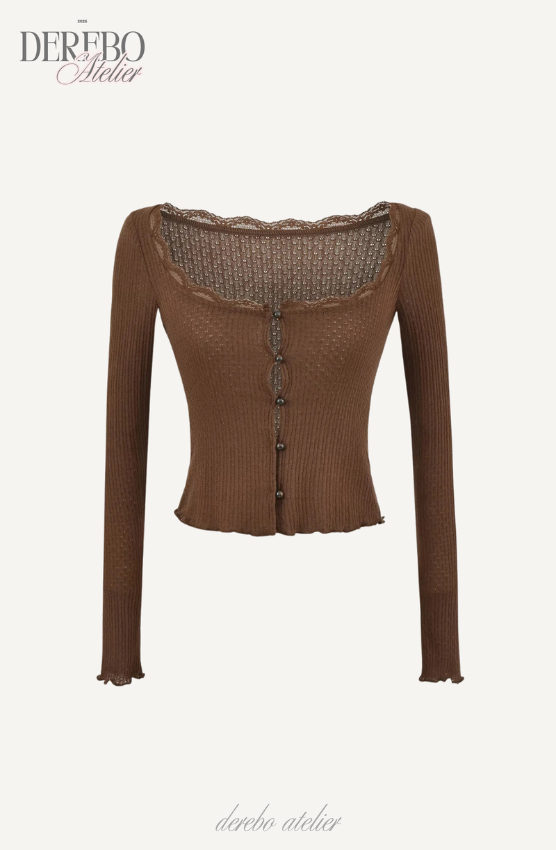Jacquard square-neck knit long-sleeve cardigan