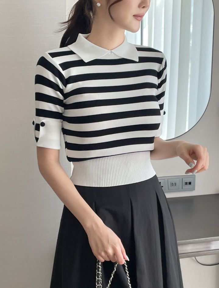 Ez Color Matching Button Short Sleeve Collar Knit