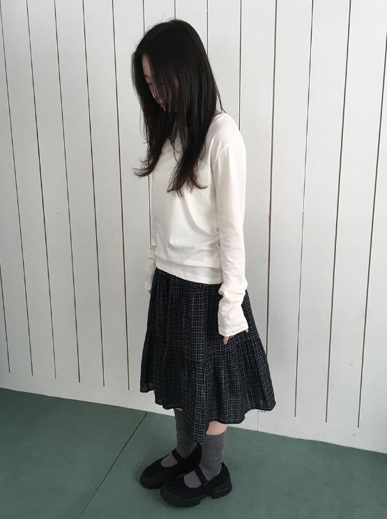 Zikan Check Shirring Midi Skirt