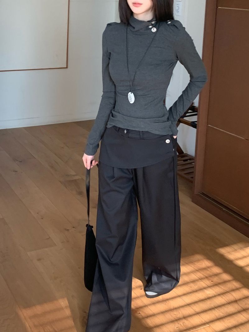 Close Pintuck Wrap Two Button High Waist Long Wide Pants