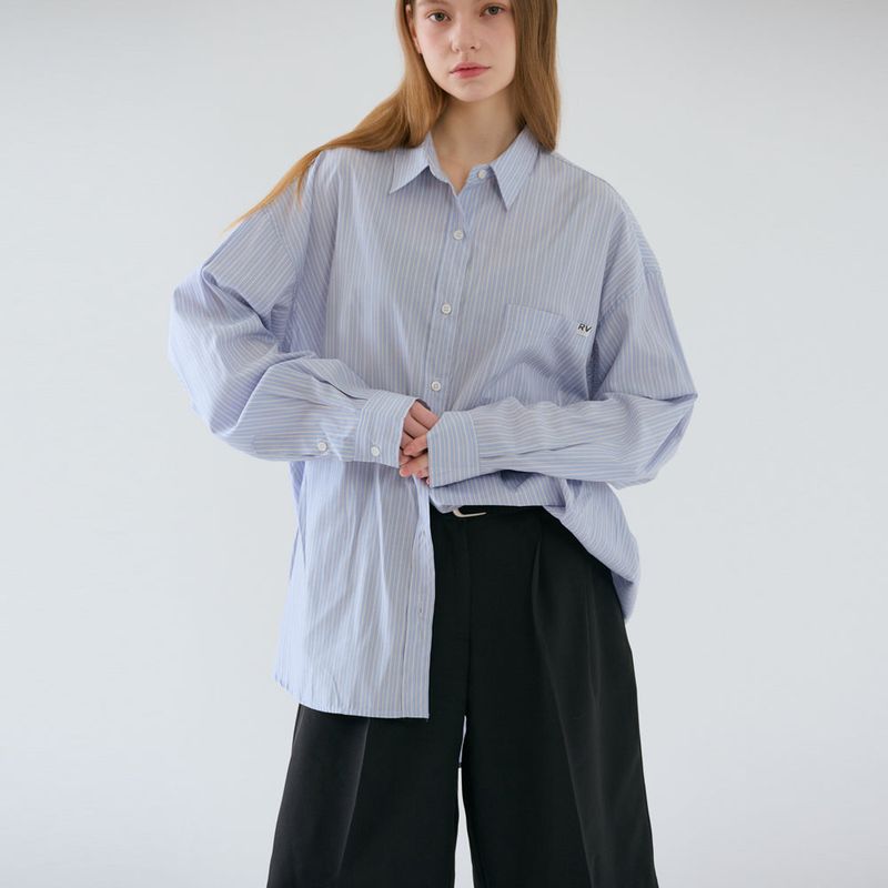 Over-sized Stripe Long Shirts Blue