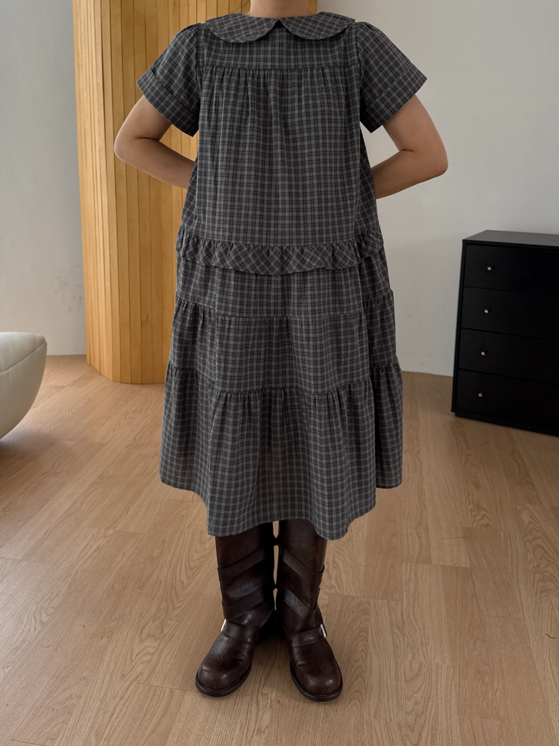round collar check midi dress 