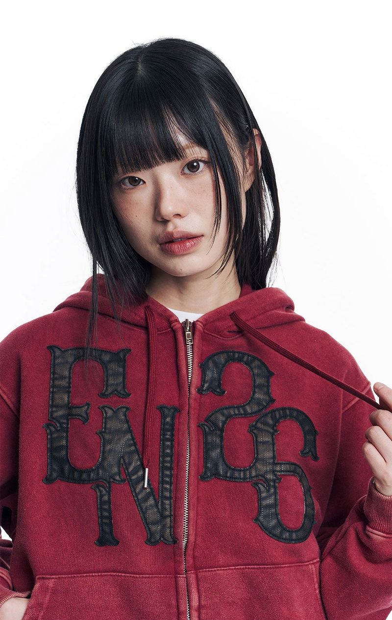 Washed Leather Patch Hooded Zip-Up - Wine