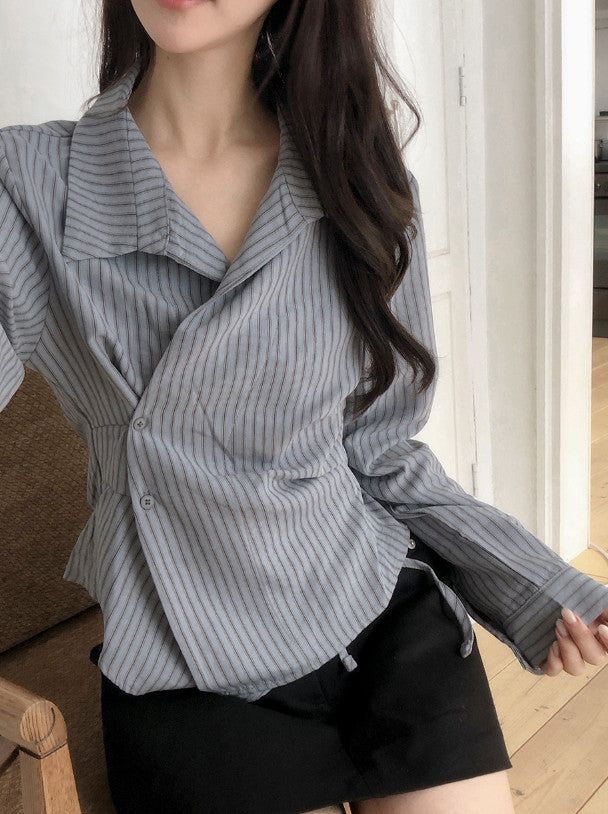 MT Pintuck Strap Button Stripe Wrap Shirt (3color)