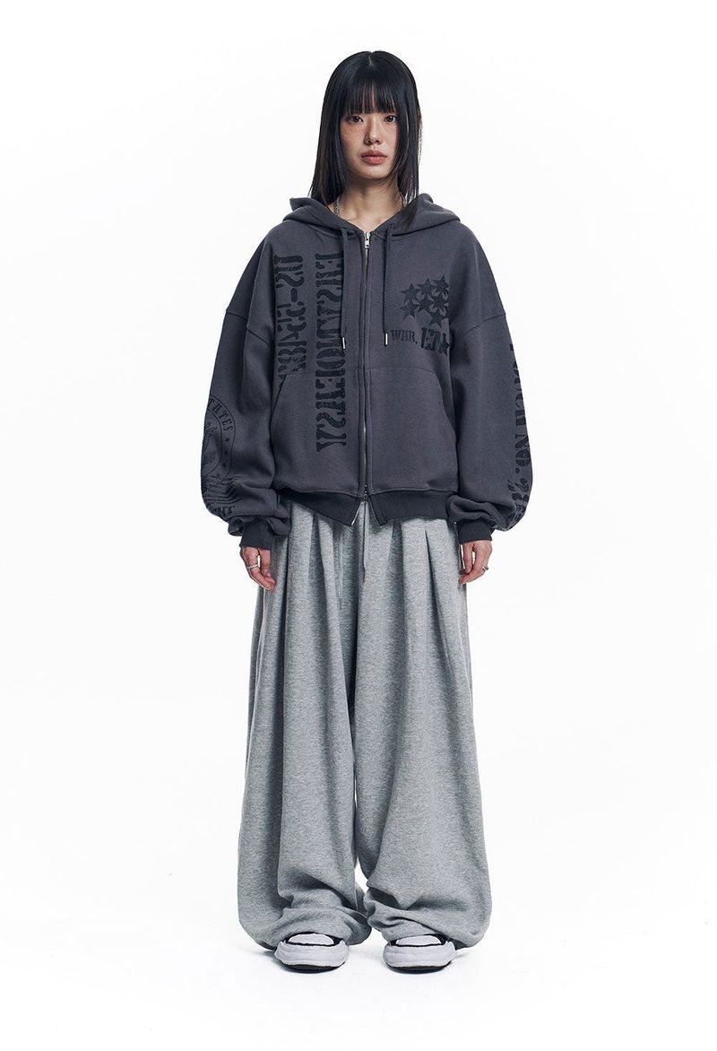 Marine Crack Print Hooded Zip-Up - Charcoal