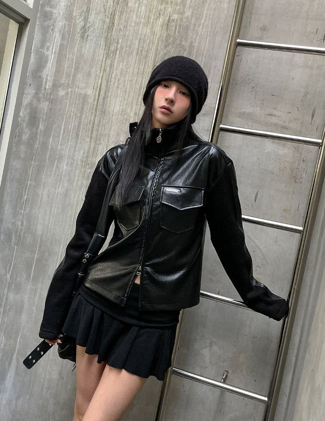 [LANARCH] Amber Leather Pocket Neck Zip-Up