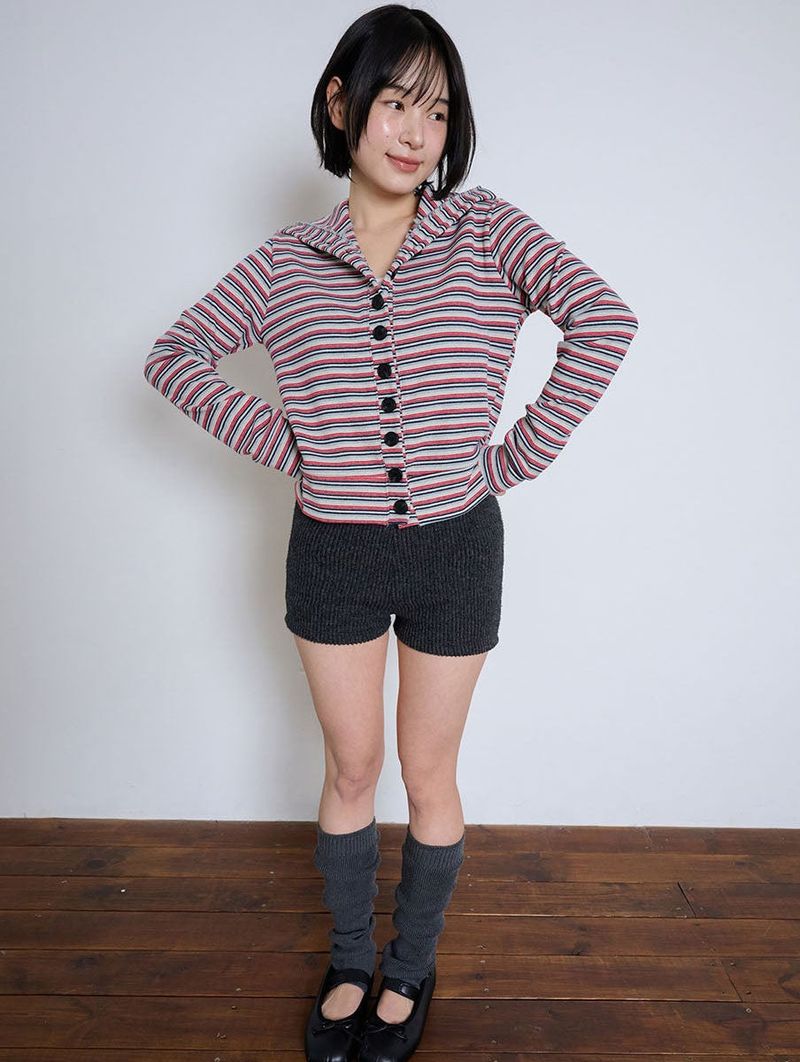 STRIPED HIGH NECK BUTTON CARDIGAN - GRAY