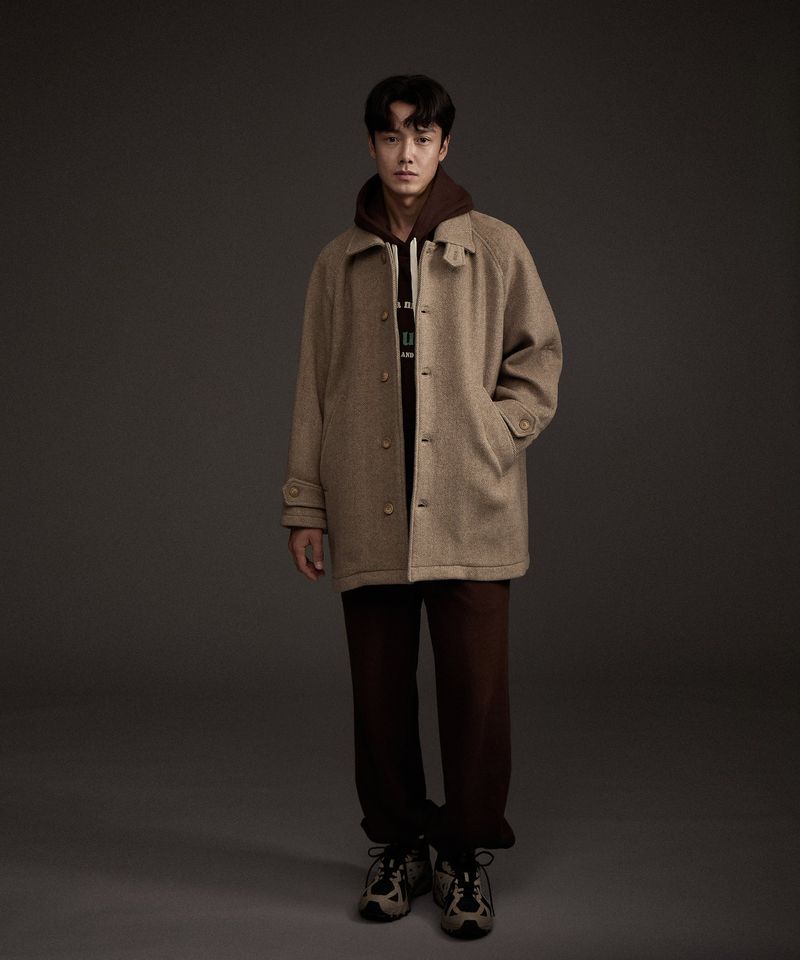BALMACAAN HERRINGBONE WOOL CASHMERE HALF COAT BEIGE
