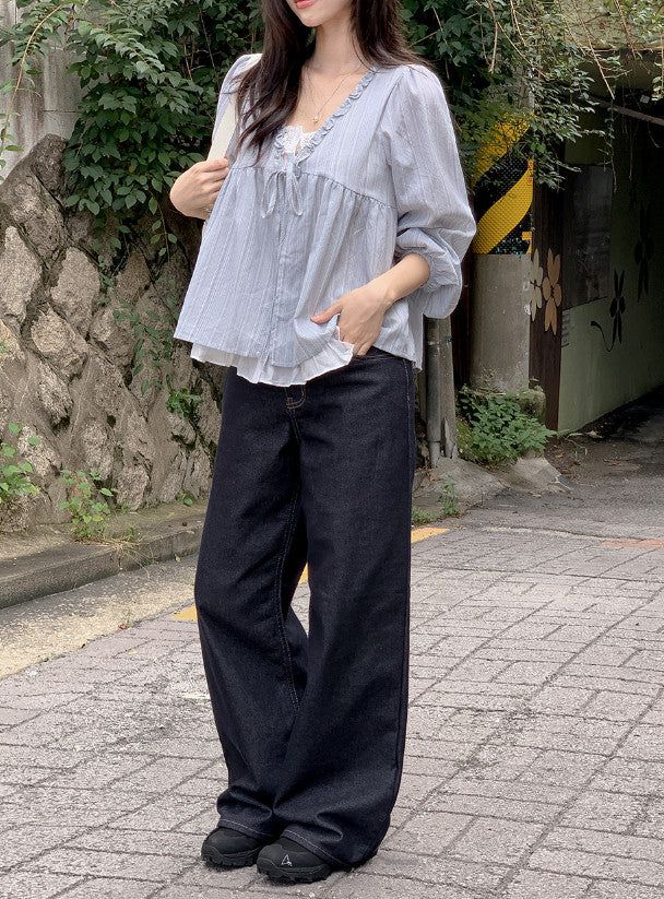 Non-Fade Back Line Wide Denim Pants