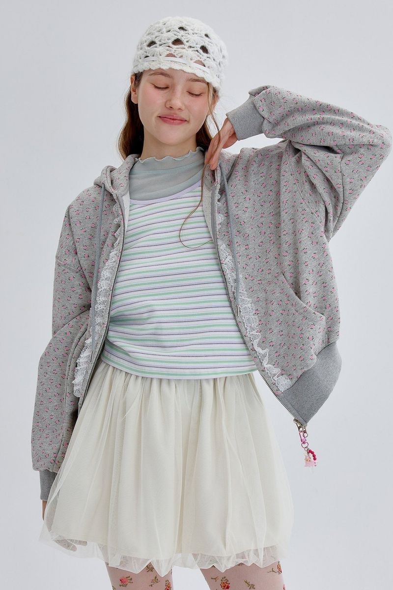Lace Hood Zip Up [Gray]