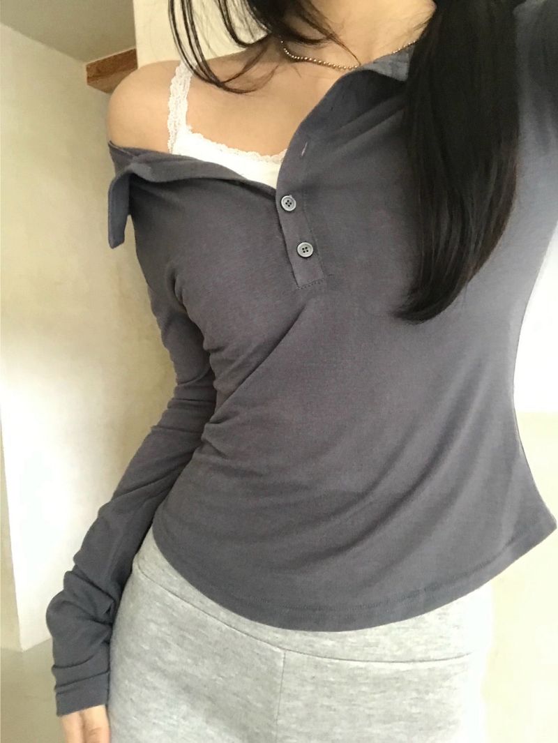 Reverse Two Way Button Collar Long Sleve Tee