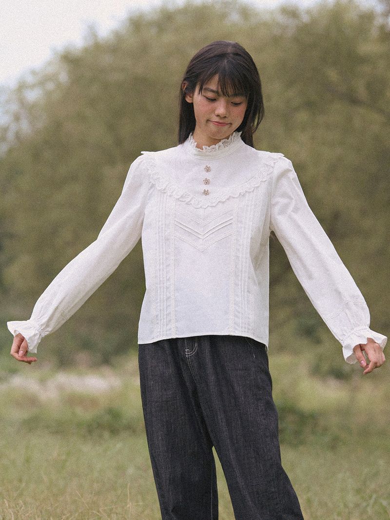 High-Neck Lace-Frill Blouse (Ivory)