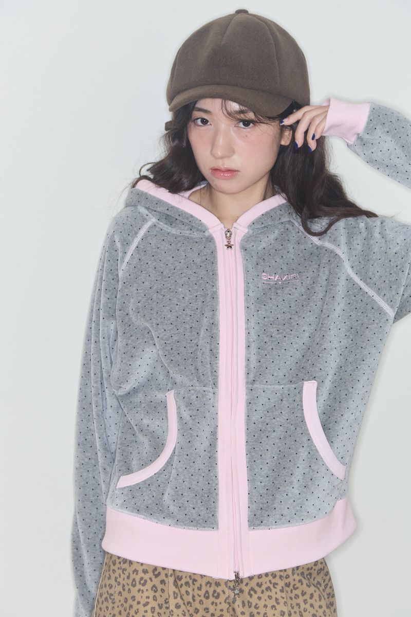 TERRY DOT RAGLAN HOODIE (GREY / PINK)