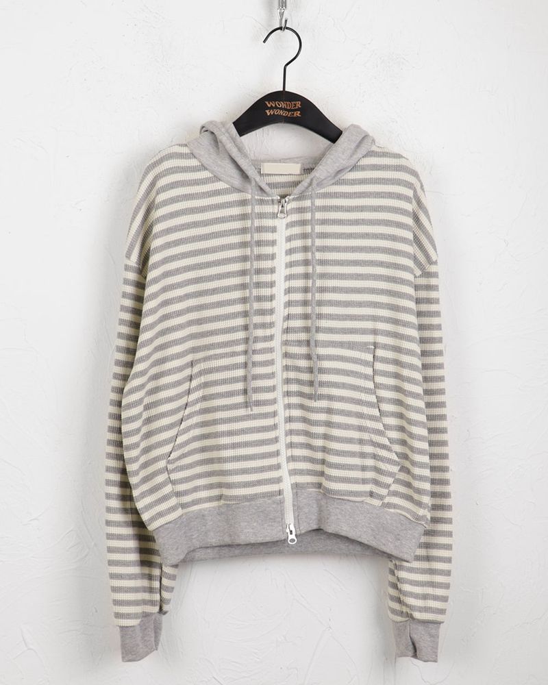 Ternet color striped two-way waffle hood zip-up
