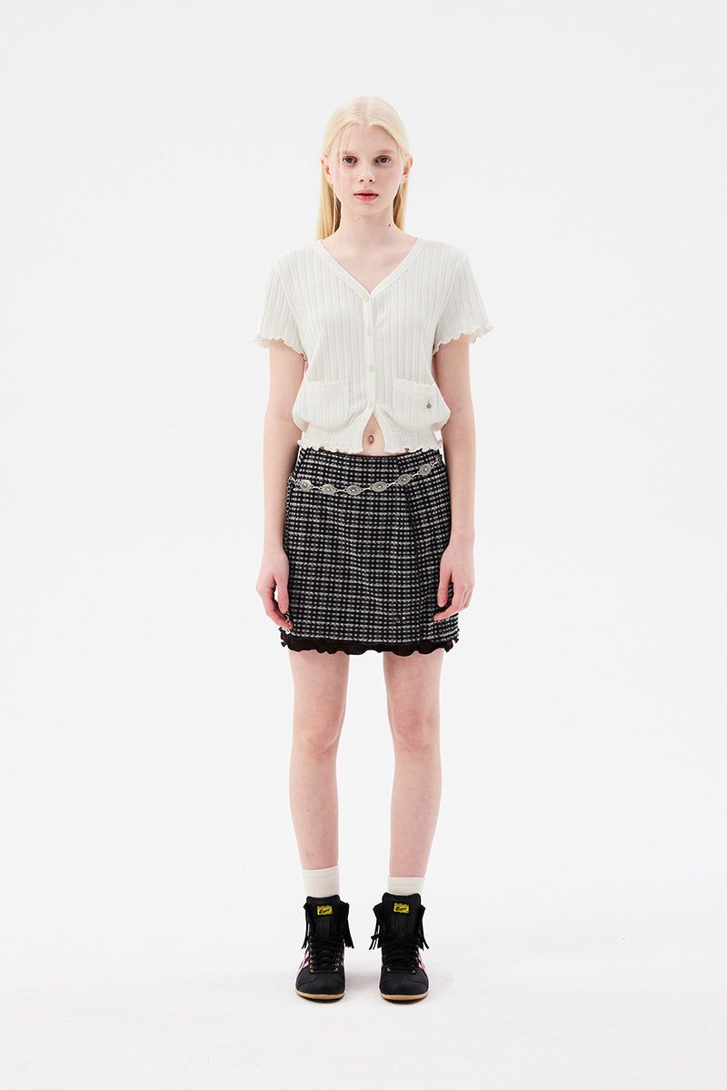 CHERRY PATTERN MESH MINI SKIRT [BROWN]