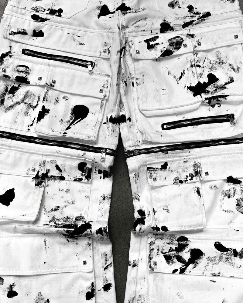 WASH-DENIM CARGO PANTS MULTI POCKET (White)