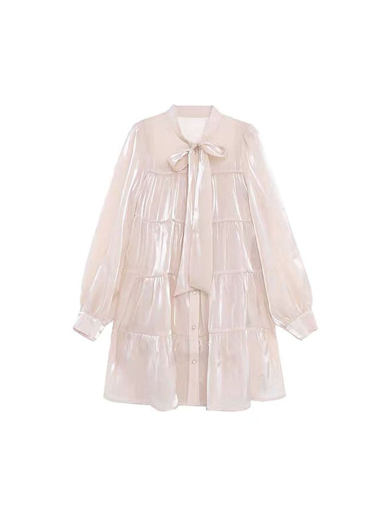 Peach puff ribbon neck shirt button dress