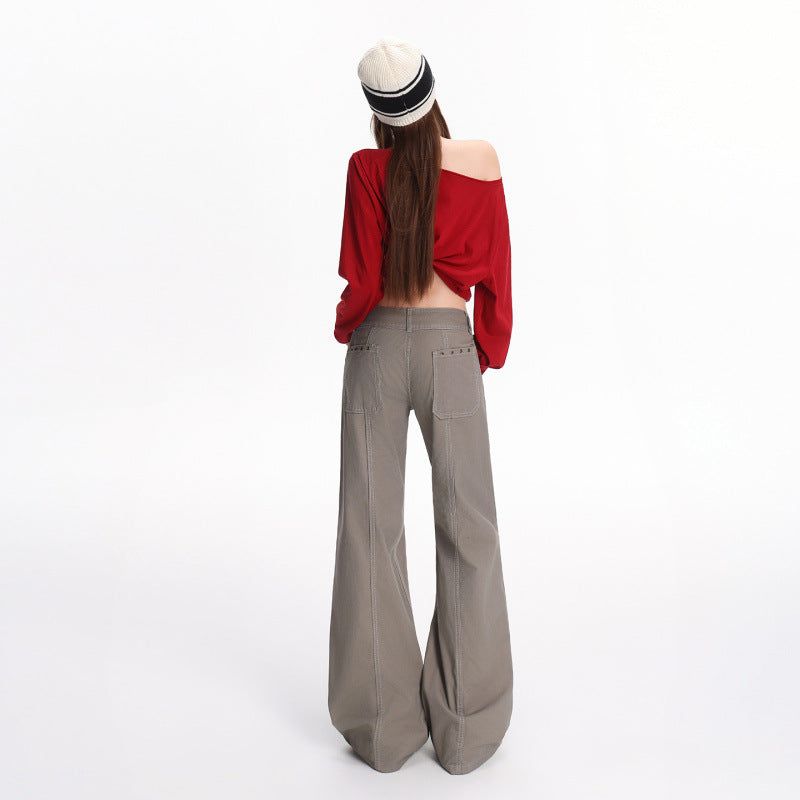 Gray Low-Rise Wide Cargo Pants