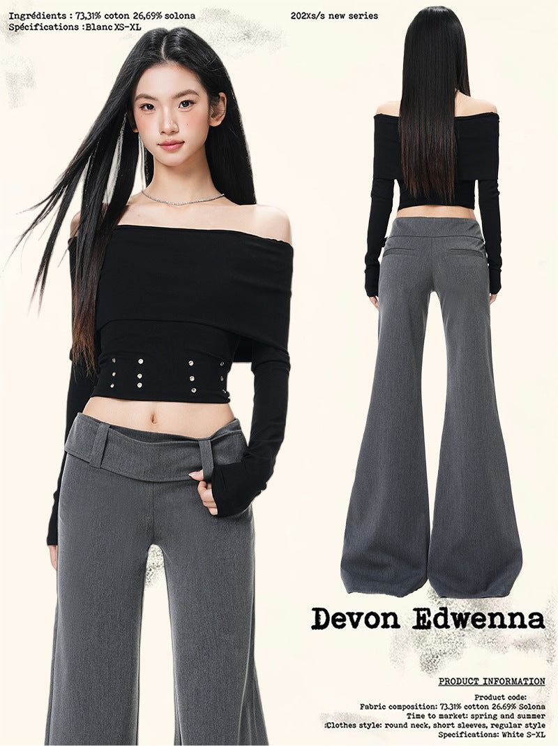 French Low-Waist Micro Flare Slacks – Tailored Slim Wide Casual Pants