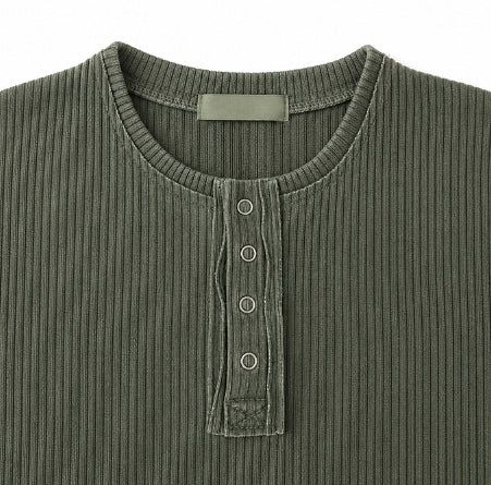 Wheat Pigment Rib Muscle Henley Neck Short Sleeve T-shirt