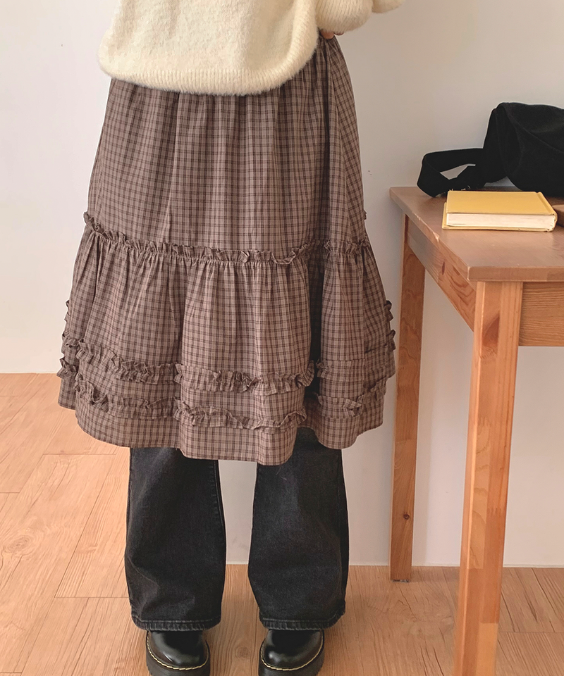 Luen midi checkered skirt Fall layered frill soft fit