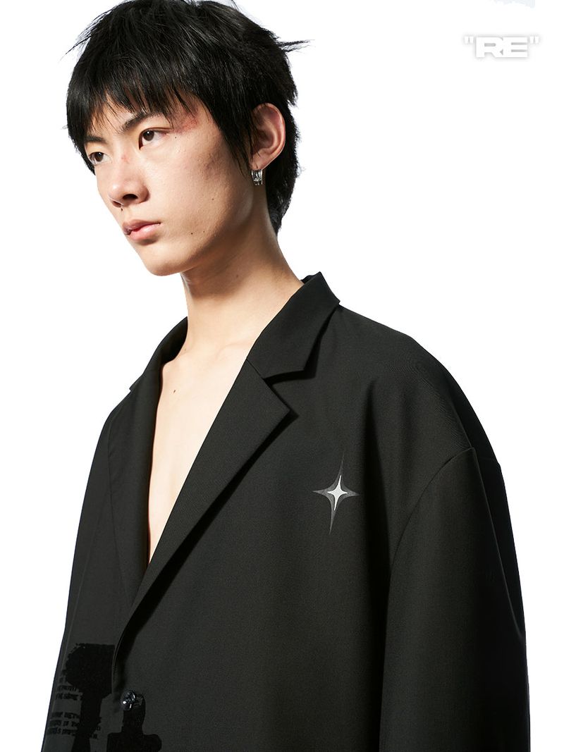 RELABEL Black Theme Flocked Print Cuff With Sewn Label Button Decoration Drop Shoulder Loose Blazer
