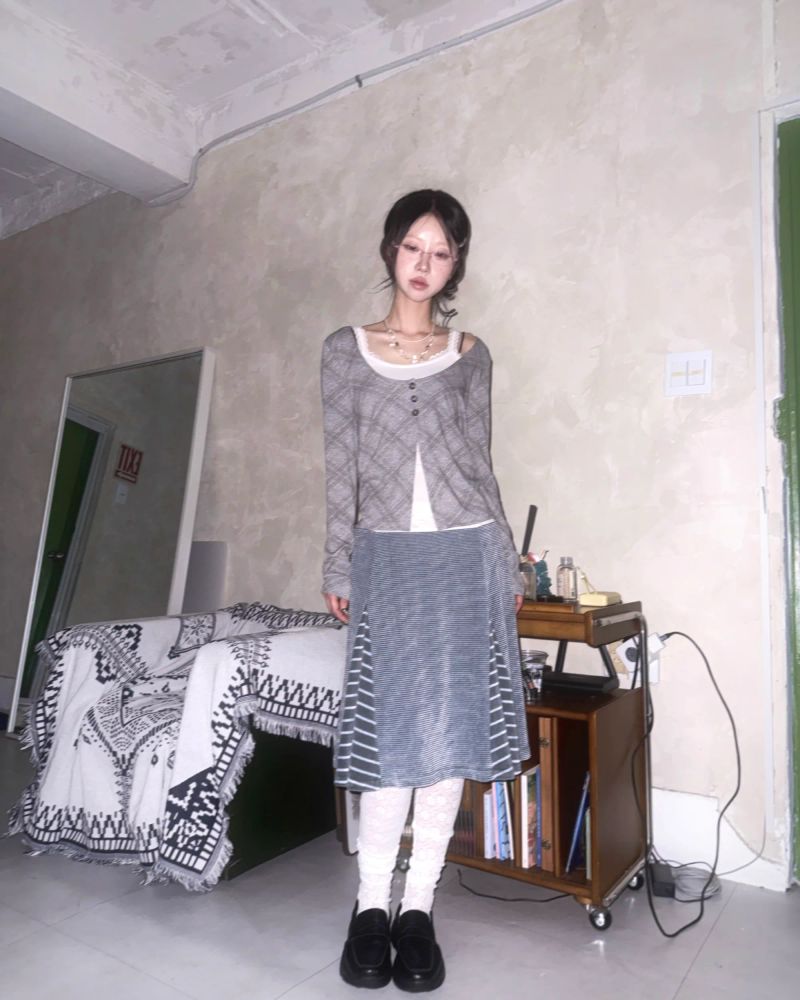 (2color) Flower Mix Stripe Flare Skirt