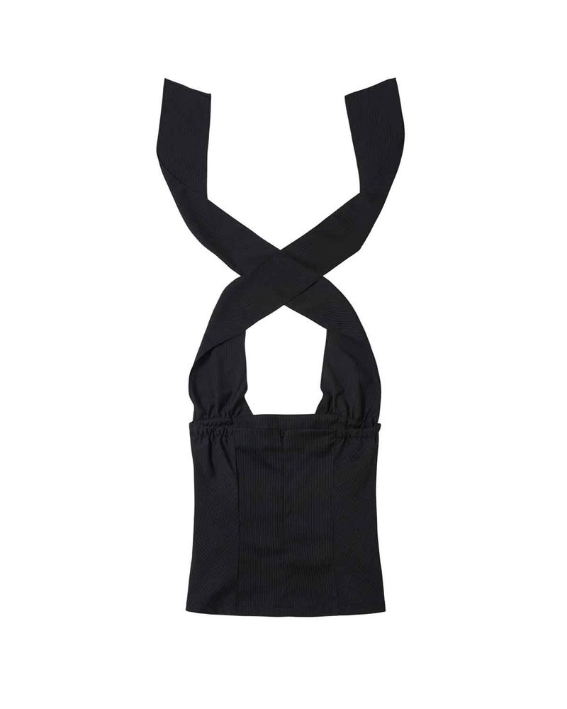 Wide Tie Stripe Halter Top _ BLACK
