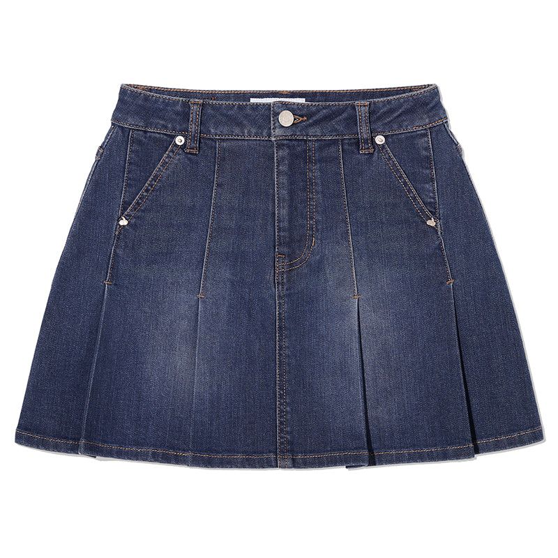CHERRY DENIM PLEATS MINI SKIRT [BLUE]