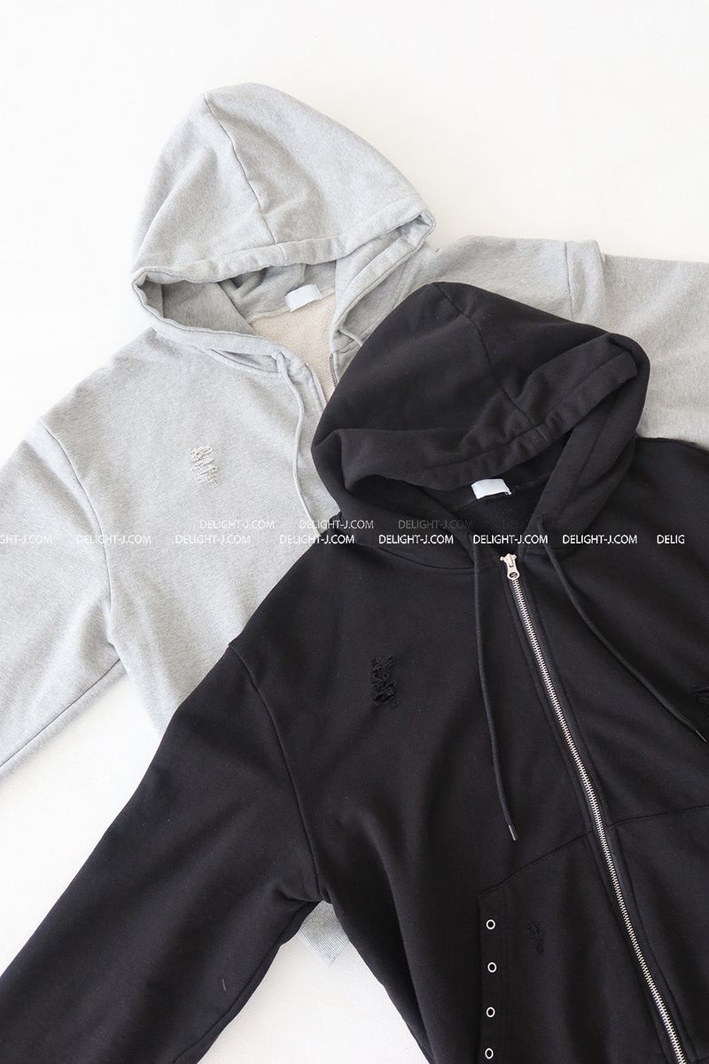 Punching Eyelet Damage Oversized-Fit Hooded Zip-Up