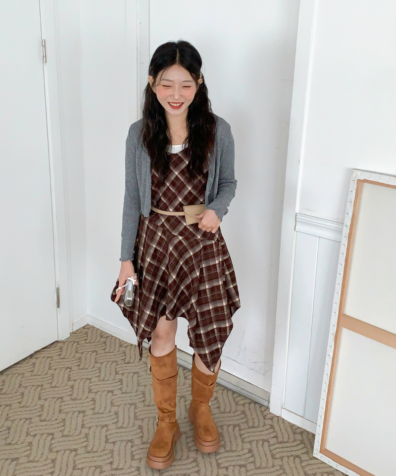 Mute Unbalanced Bustier Checkered Dress