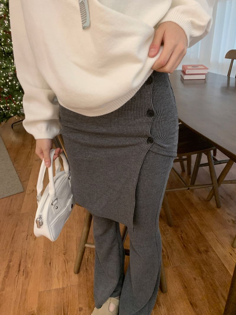 Sway Unbalanced Wrap Button Ribbed Bootcut Pants