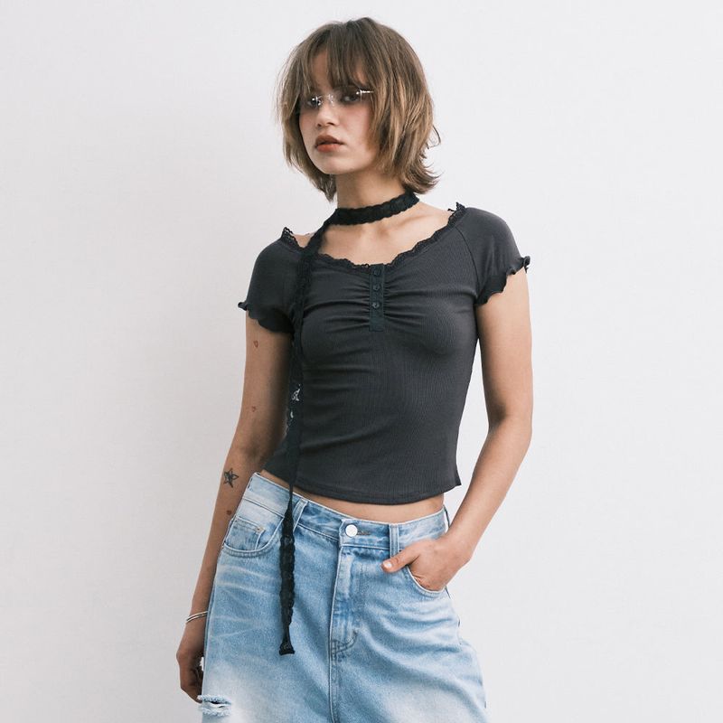 MIDNIGHT MOVE（ミッドナイトムーブ）の「lace sc t (dark grey)（Tops）」