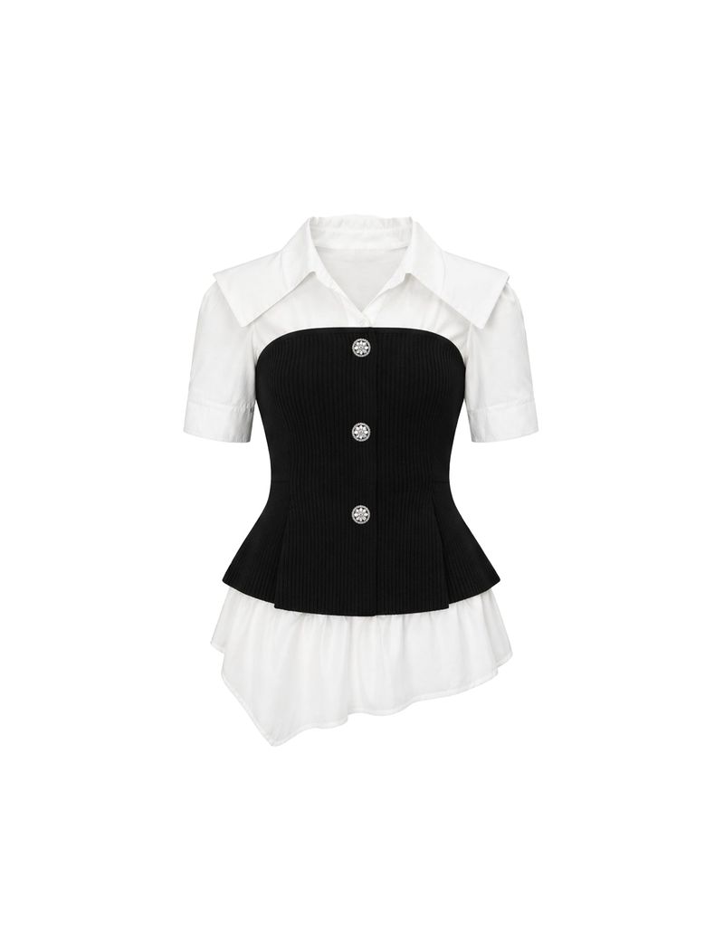 Julie Ribbed Button Bustier Layered Blouse White