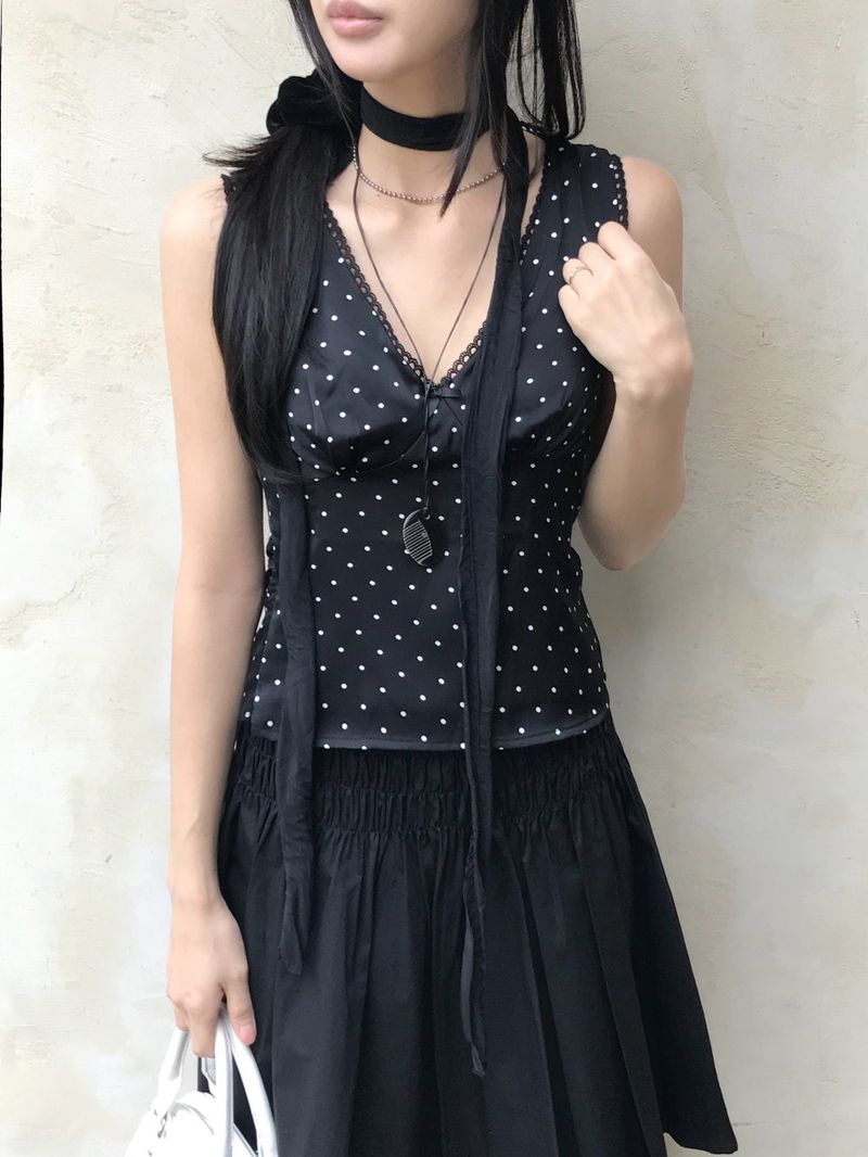 French Dot V-Neck Sleeveless Blouse