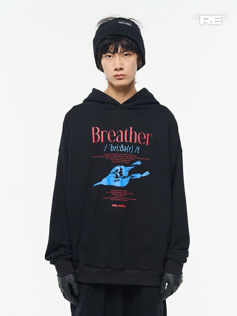 RELABEL Black Leather Windbreaker Theme Print Basic Long-Sleeve Printed Hooded Sweatshirt