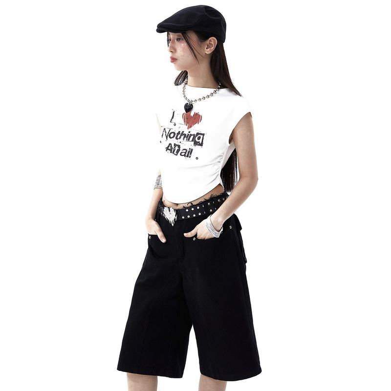 Summon Oak Design Sensation Spicy Girl Short Top, Tank Top, Waist Exposed, Slim Fit, Graffiti Printed Sleeveless T-shirt for Women