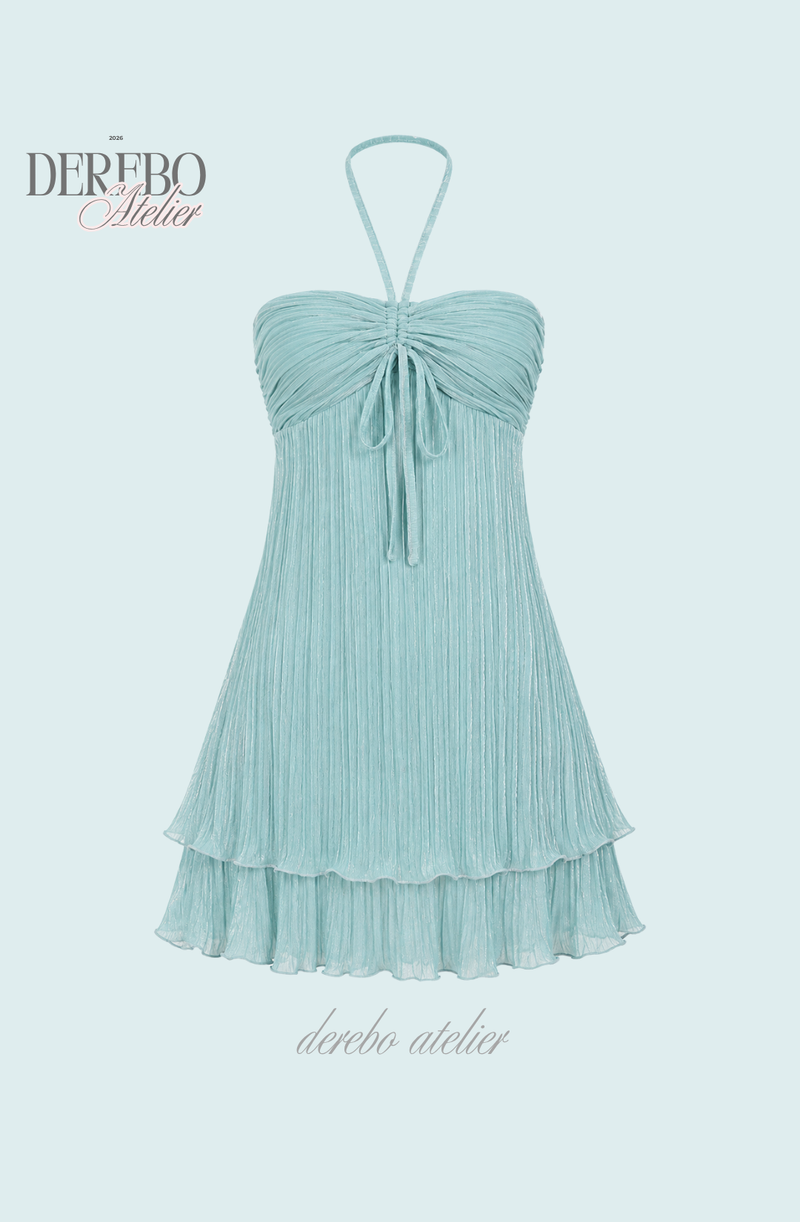 Mint Halter Flare Shirring Mini Dress